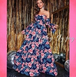 Beautiful Bohemian Flared Off  Shoulder Flounce  Dress